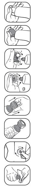 Figura 1: Togliere il cappuccio protettivo trasparente Svitare il tappo applicatore Usare la scanalatura sul tappo applicatore per rimuovere il sigillo di sicurezza dal tubo Riavvitare il tappo