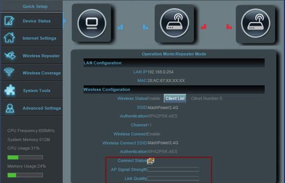 Quando la luce del router sarà accesa, mostrerà la potenza del segnale e la qualità della connessione in SYSTEM TOOLS.