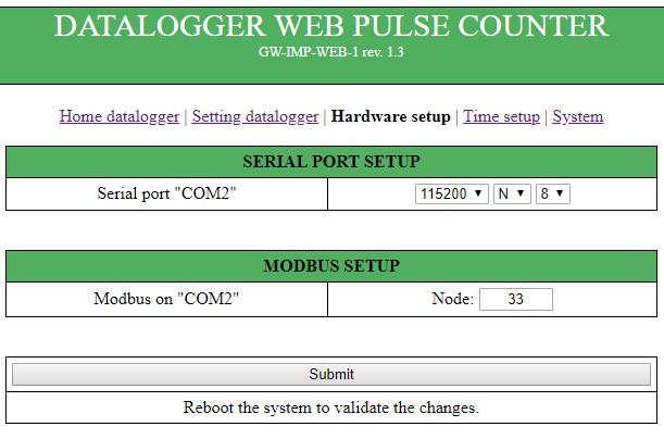 Hardware setup In this page it is possible to modify the parameters of the RTU modbus connection