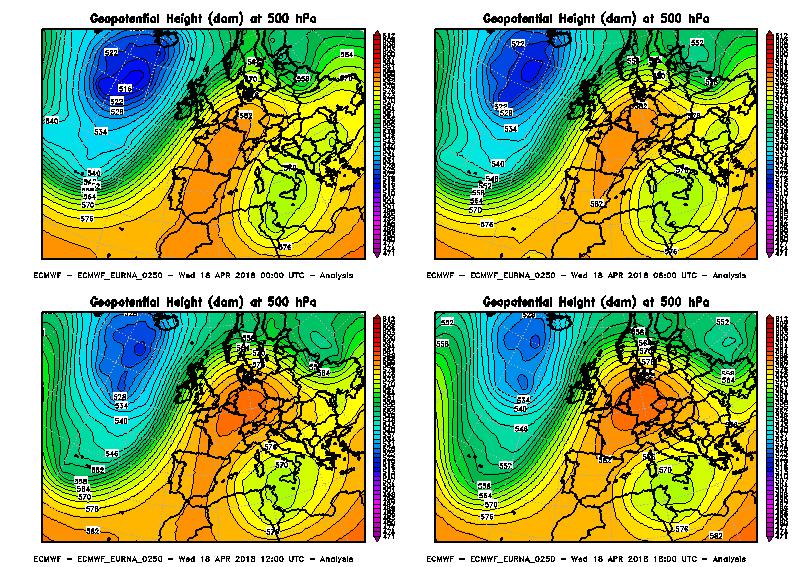 Figura 8 - Evoluzione dell altezza di geopotenziale a 500 hpa tra le ore 00 e 18 UTC del 18 aprile 2018, intervallata ogni 6 ore.