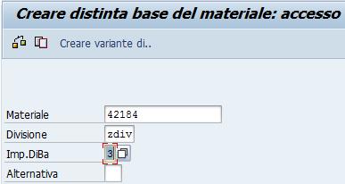 3) Creazione distinta base CS01 Inserire il numero materiale del prodotto finito, nel campo Imp.