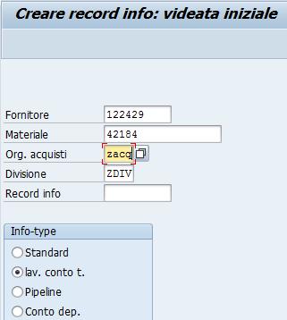 4) Creazione record info ME11 Nella videata Creare record info: videata iniziale, inserire il fornitore, il codice