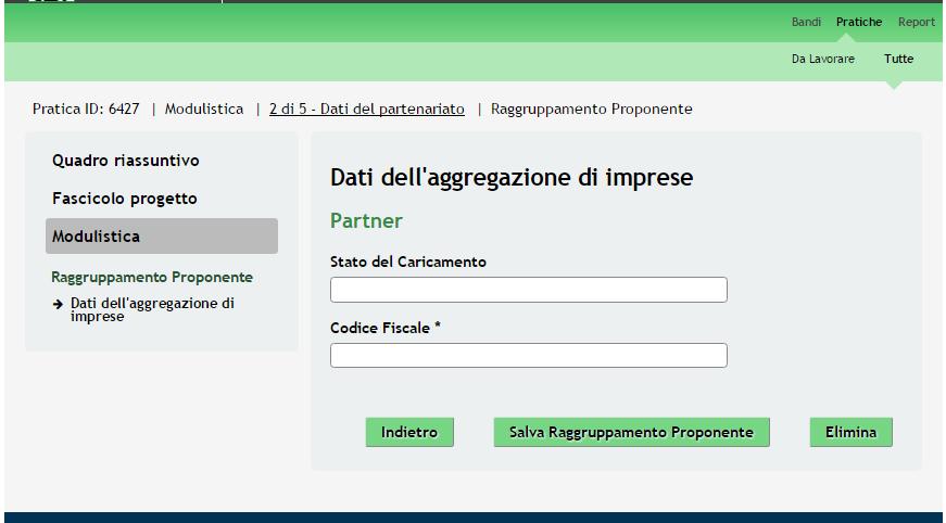 Figura 17 Dati dell aggregazione di imprese Inserire il codice fiscale del soggetto partner da inserire e cliccare in un