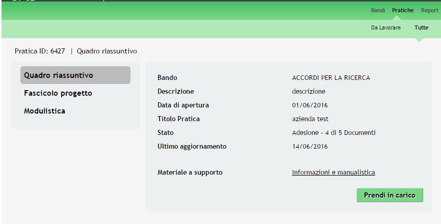 Figura 34 Quadro Riassuntivo Prendi in carico Fascicolo progetto: contiene i