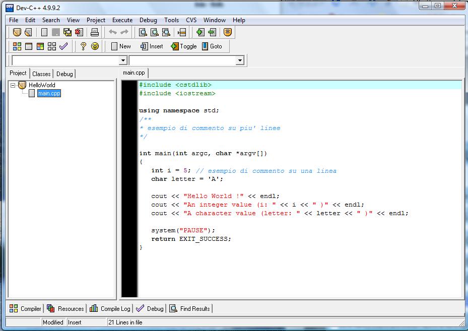 Bloodshed Dev-C++ Bloodshed Dev-C++ è l IDE usato durante le