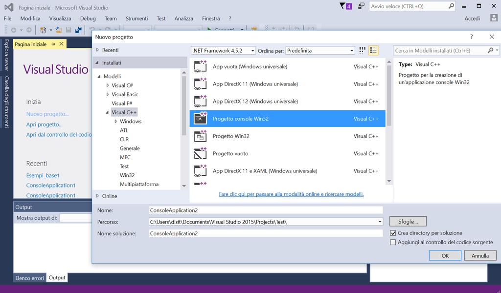 Visual Studio: creare un progetto per il C (3) 1) Nuovo progetto > Visual C++ > Progetto