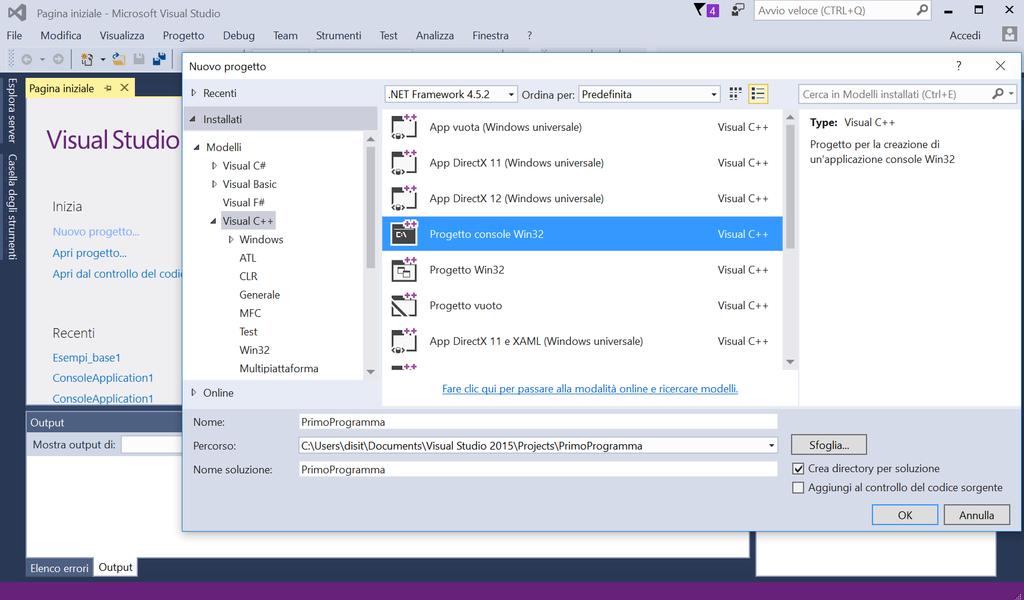 Visual Studio: creare un progetto per il C (3) 1) 2) Impostazione Nome