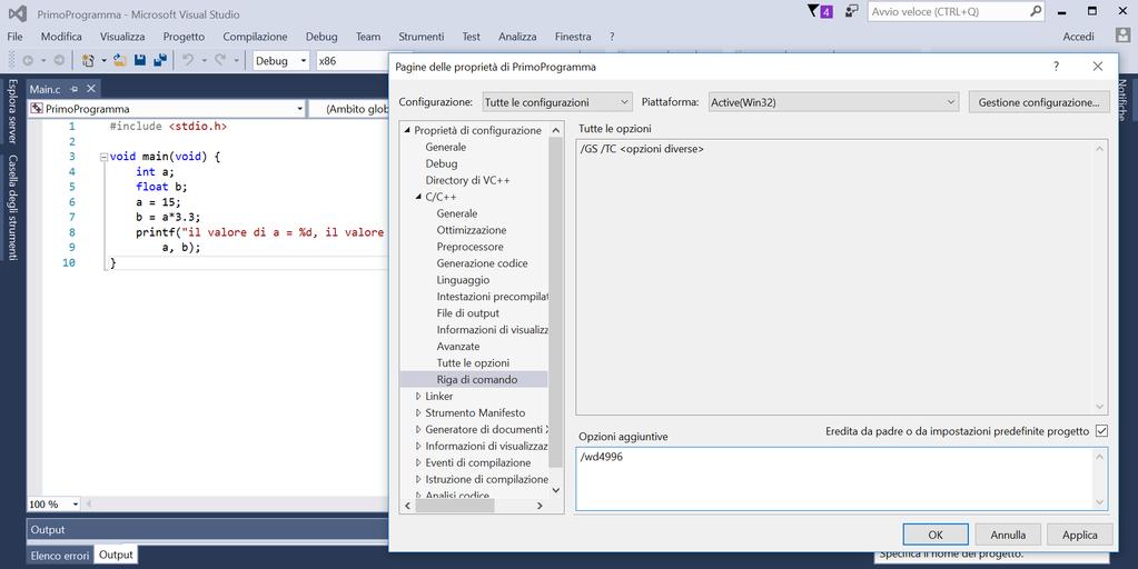 Visual Studio: configurare progetto per il C (2) 1) Tasto destro sul nome del progetto > Pagine delle proprietà del programma > Proprietà di