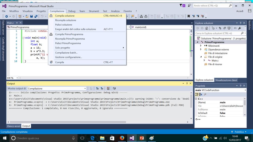Primo Programma su Visual Studio (2) 2) Compilare il programma: Compilazione > Compila Soluzione 3) Nella finestra di output