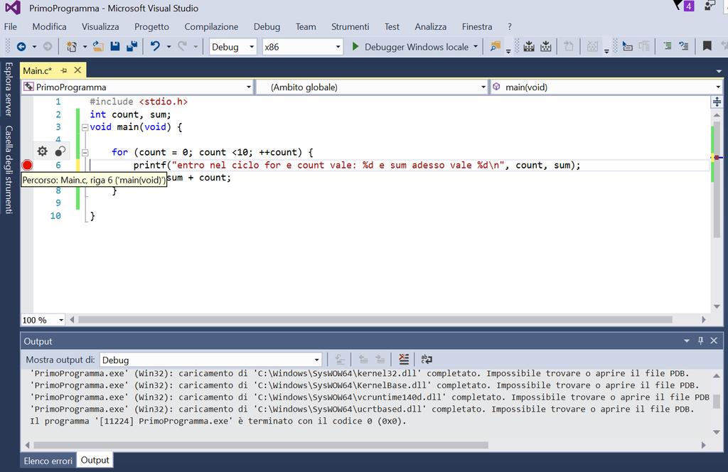 Visual Studio: Debugger (1) 1) Posizionare il punto di interruzione (break