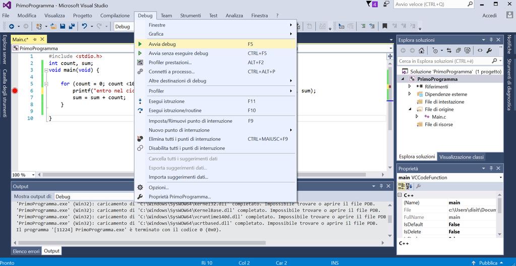 Visual Studio: Debugger (2) 1) Avviare il programma in modalità Debug (Debug >