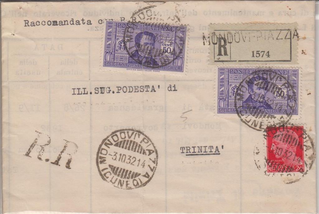 Affrancatura di L. 1,20 con due francobolli da c. 50 della serie pro SNDA + uno di c. 20 della serie Imperiale.