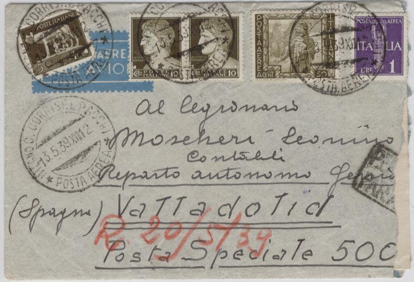 1 posta aerea della serie Proclamazione + uno da c. 50. della serie Imperiale. Lettera spedita il 13 maggio 1939 da Milano per Valladolid.