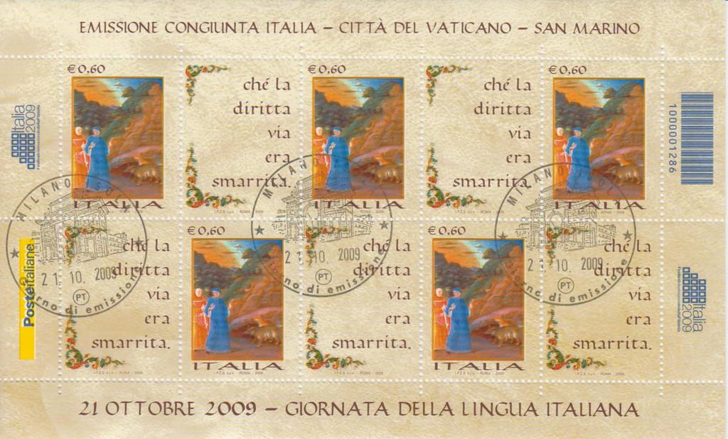 Festival Internazionale della Filatelia Italia 2009 GIORNATA DELLA LINGUA ITALIANA Francobollo celebrativo dedicato a Dante