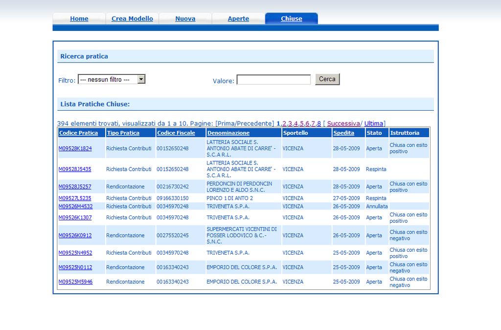La funzione Chiuse evidenzia le pratiche inviate.