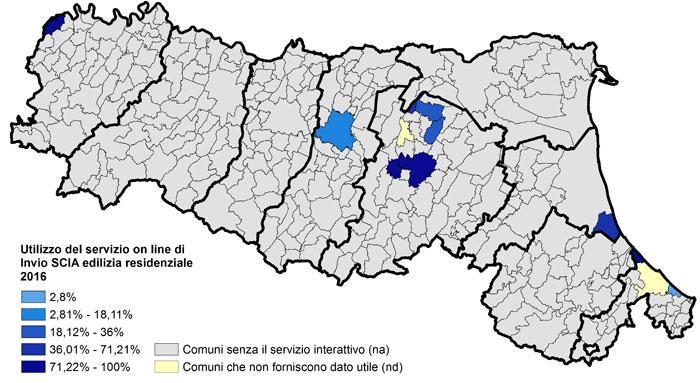 SCIA edilizia residenziale I valori di utilizzo del servizio on line più elevati si rilevano nei Comuni di Bologna, Zola Predosa (BO) e Castel San Giovanni (PC), tutti con piattaforma autonoma ed