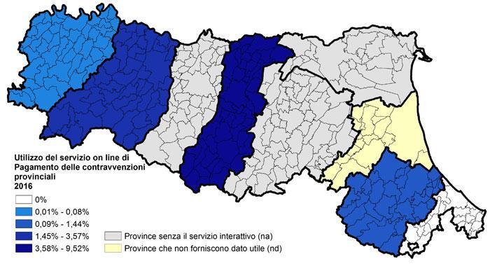 Pagamento delle contravvenzioni provinciali I risultati di utilizzo sono molto esigui: solo la provincia di Modena ha un dato interessante, pari al 9,5% di utilizzo ma ha un totale di 21 multe