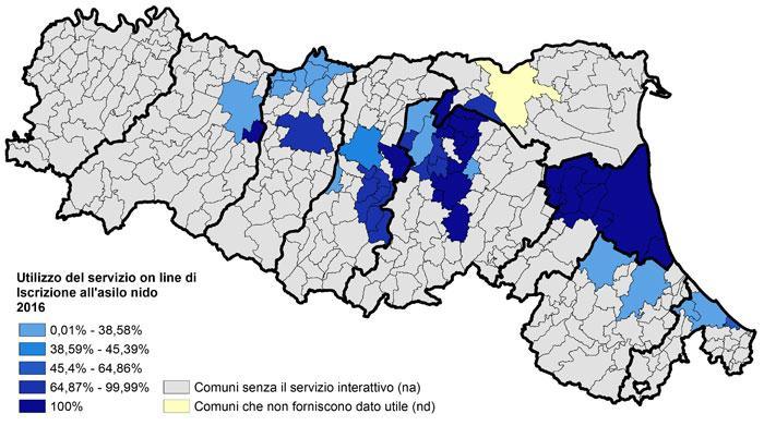 Iscrizione all asilo nido Le aree a maggior utilizzo del sistema on line sono focalizzate nelle aree di pianura attorno ai capoluoghi, con 24 enti che si attestano al 100%, grazie alla scelta di