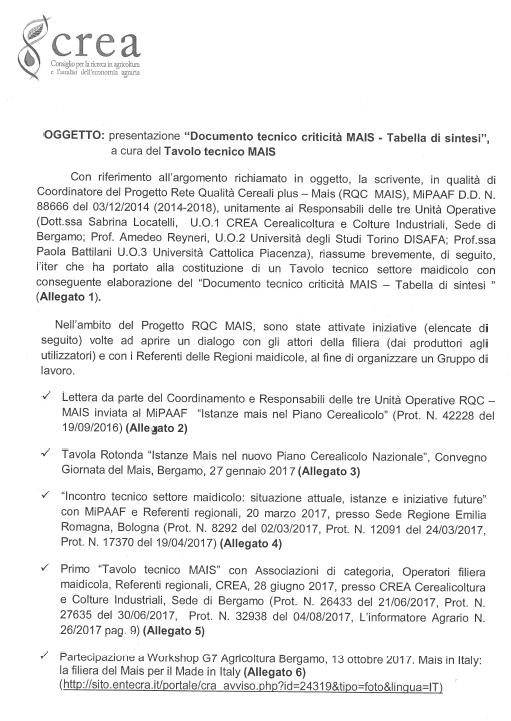 DOCUMENTO TECNICO CRITICITA MAIS» «TABELLA di SINTESI» a cura del Tavolo tecnico MAIS Inviato