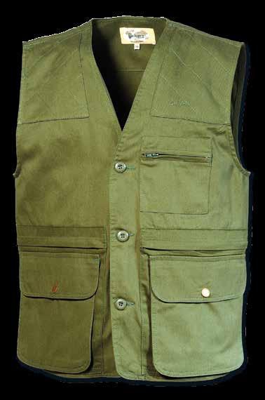 Ampio carniere posteriore a soffietto con chiusura a velcro. Taglie disponibili 46-62. 9365 GREY PARTRIDGE VEST 100% premium cotton twill hunting vest.