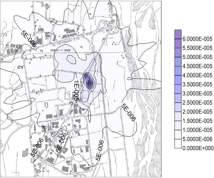 Figura 28: Concentrazione al suolo di CO: valore massimo delle concentrazioni valutate su base oraria. Le concentrazioni sono espresse in g/m 3.