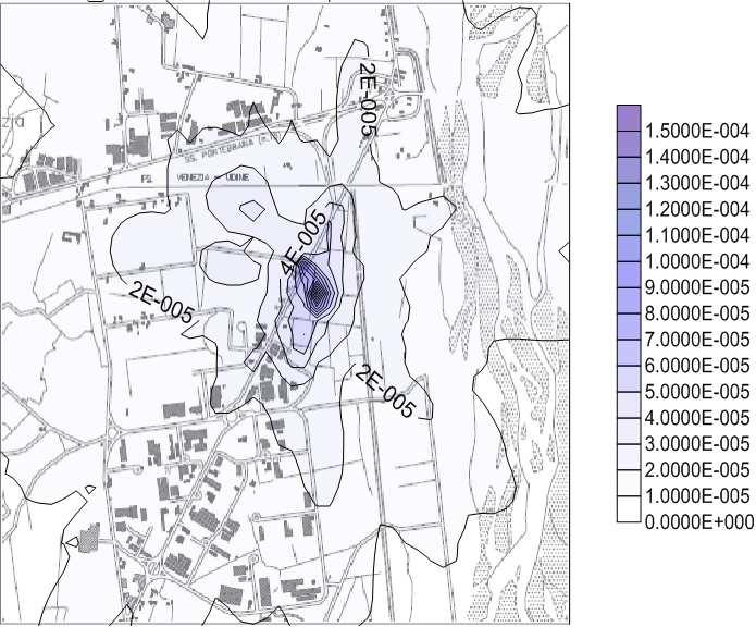 Figura 32: Concentrazione al suolo di NO x : valore massimo delle concentrazioni valutate su base oraria. Le concentrazioni sono espresse in g/m 3.