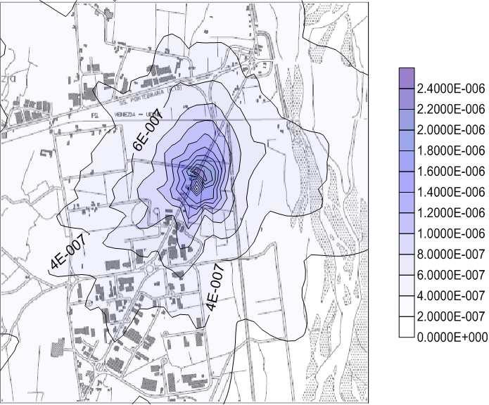 Figura 38: Concentrazione al suolo di formaldeide: valore massimo delle concentrazioni valutate su base oraria. Le concentrazioni sono espresse in g/m 3.