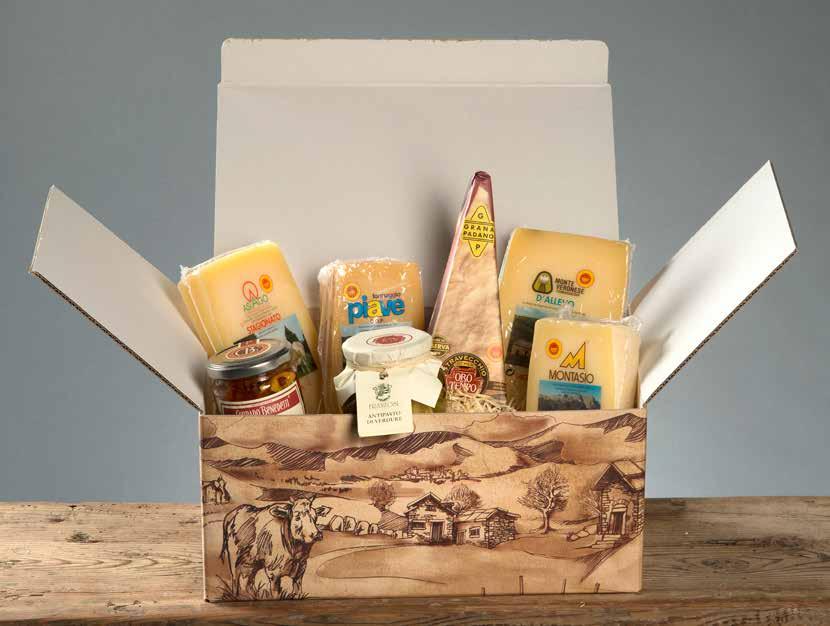 BAULETTO SFIZIOSO SCATOLA CON STAMPA MEDIA MONTE VERONESE ALLEVO 250GR ASIAGO ALLEVO 250GR MONTASIO 250GR GRANA PADANO