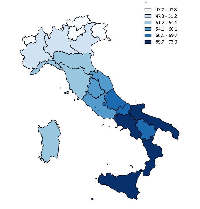 I non lettori di libri nel 2016 NON LETTORI DI LIBRI DI 6 ANNI E PIÙ PER REGIONE. Anno 2016 (per 100 persone di 6 anni e più residenti nella stessa regione) 57,6% i non lettori in Italia.