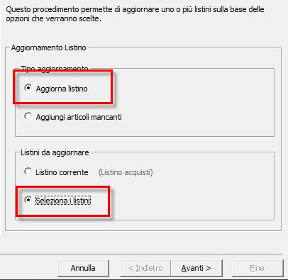 Per fare questo avviare la gestione listini e selezionare dal menu Strumenti la voce Aggiorna listino.