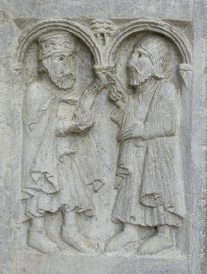 L'ultimo esarca Il re dei Longobardi Astolfo, a sinistra (749-756), bassorilievo del monastero di