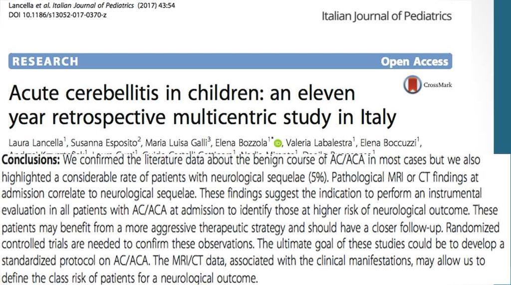 Followup clinico a 2 mesi Outcome a lungo termine Tremore intenzionale Atassia Motricità fine