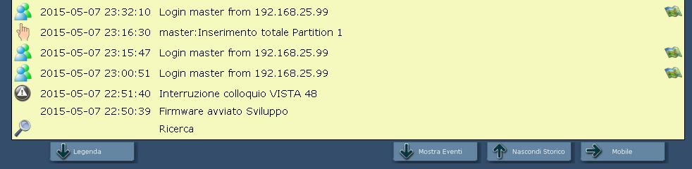 GESTIONE DELLO STORICO Un click su visualizza l elenco degli ultimi eventi o comandi inviati al sistema. La mano indica che si tratta di un comando inviato. Utente che ha inviato il comando.