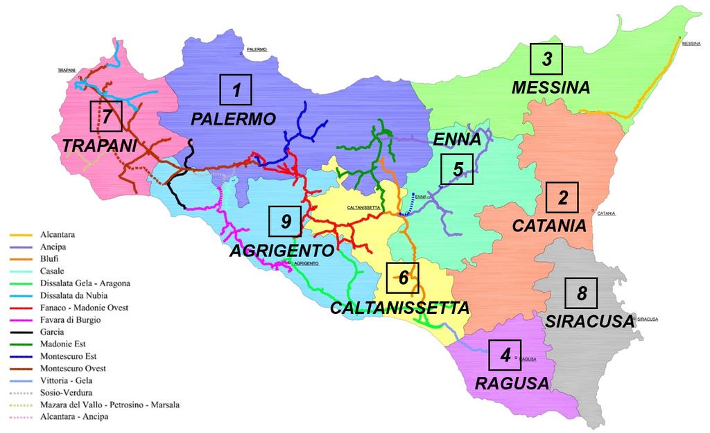 - Il versante orientale o ionico, da Capo Passero a Capo Peloro, della superficie di circa 8.072 kmq.