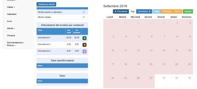 2.2.5 Calendario > Inserimento delle attività/lezioni In questa sezione viene richiesto al Tutor scolastico di programmare il calendario del corso inserendo le specifiche attività formative previste.