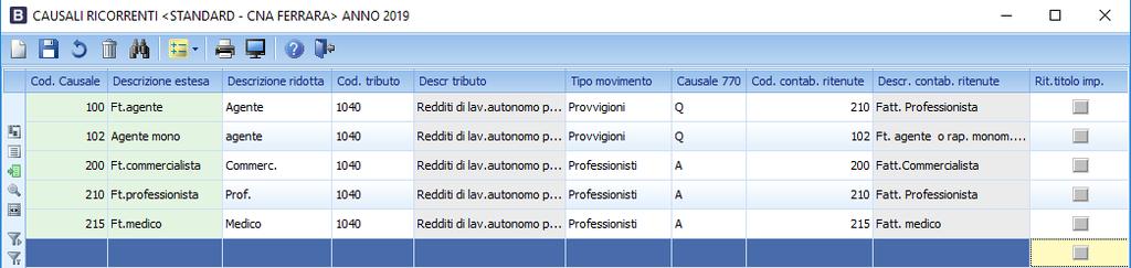 messaggio simile al sottostante: D Gestione Ritenute d acconto C Tabelle percipienti 2 Causali ricorrenti percipienti Digitare l anno di