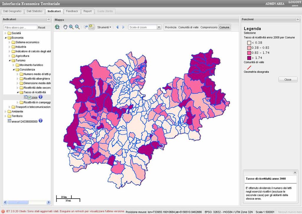 Sezione indicatori: la mappa si colora in base alla scelta del livello geografico (Comune, Comunità, Provincia) e ai valori