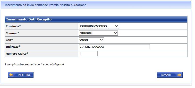 5.2.3 Dati recapito del richiedente La pagina di indicazione dei dati di recapito del richiedente compare solo nel caso in cui il richiedente abbia risposto No alla domanda Vuoi