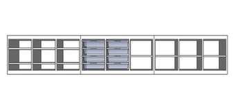 2mB Soluzione composta da 2 armadi modulari 39x116x(h)62cm da tre scoparti ciascuno; con 8 contenitori blu S, 1