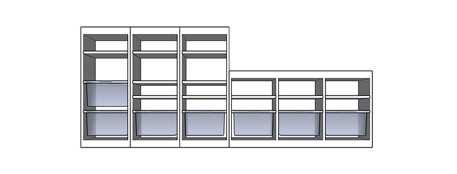 1mB Soluzione composta da 3 armadi modulari 39x4x(h)97cm e 1 armadio modulare 39x116x(h)62cm da tre scoparti