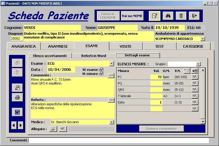 Fig. 5 scheda paziente sezione esami Ogni esame inserito può essere completato con: Data dell esame Referto Note Allegato (per es.