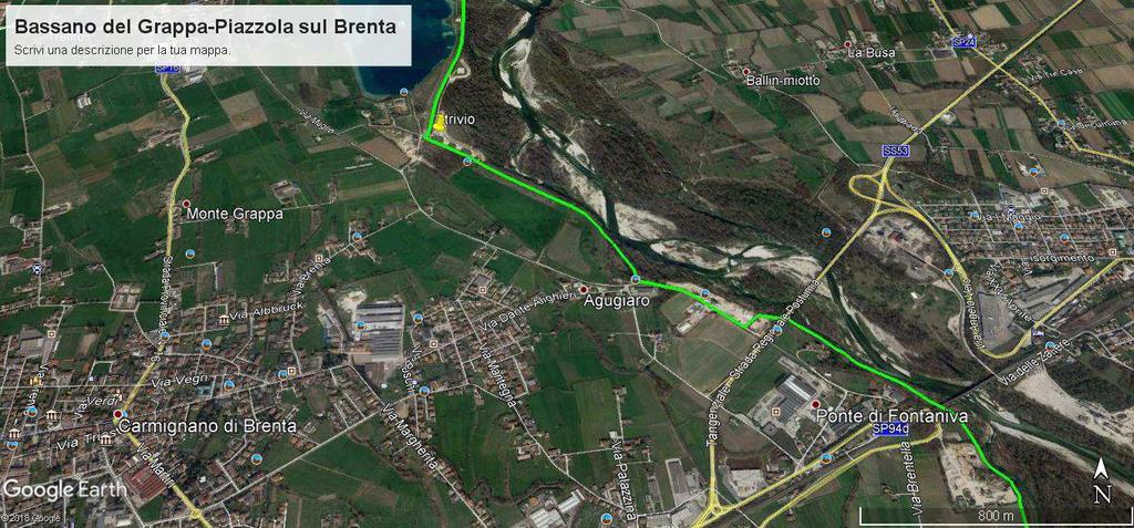 noi continuiamo a sinistra sulla pista ciclabile e dopo 1,2km siamo nei pressi del piccolo centro di Agugiaro; qui ritorniamo su una stradina, superiamo una cava, giriamo a sinistra