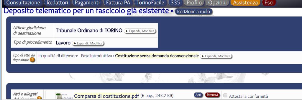 N.B.: E possibile depositare un atto in un fascicolo già