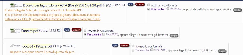 H. Si procede quindi con la sottoscrizione digitale dei documenti da firmare (atto principale, procura, nota di iscrizione a ruolo, file "Dati