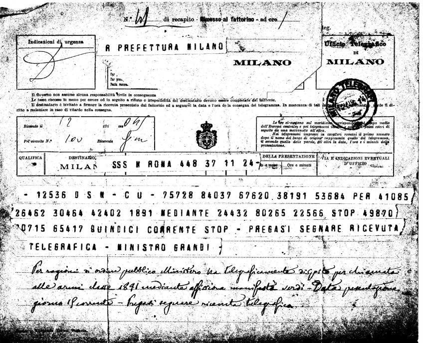 12 luglio 1914 Telegramma cifrato del Ministro della guerra al Prefetto di Milano in cui si dispone, "per ragioni di ordine pubblico", la chiamata alle armi della classe 1891.