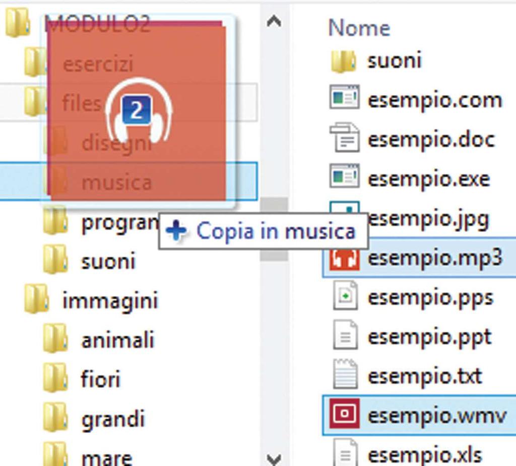 UdA 2 Funzioni di un sistema operativo A questo punto trascina i file, mentre tieni premuto il tasto Ctrl, fino a raggiungere con il cursore del mouse la cartella musica.