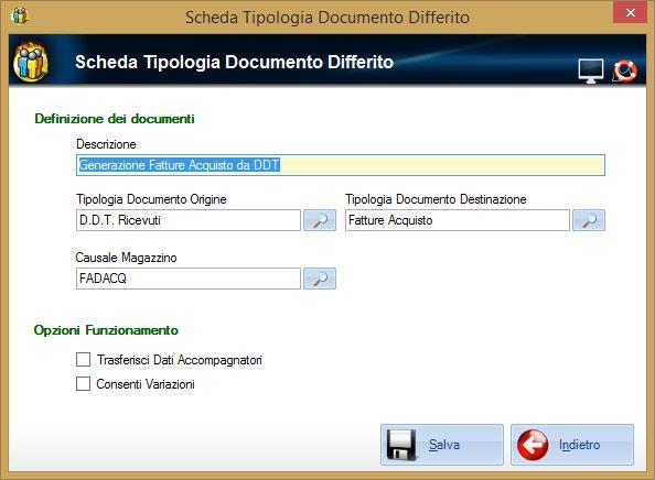 Opzioni Funzionamento Trasferisci Dati Accompagnatori Consenti Variazioni Se abilitata, nel documento differito saranno riportati i dati accompagnatori dei documenti di origine.