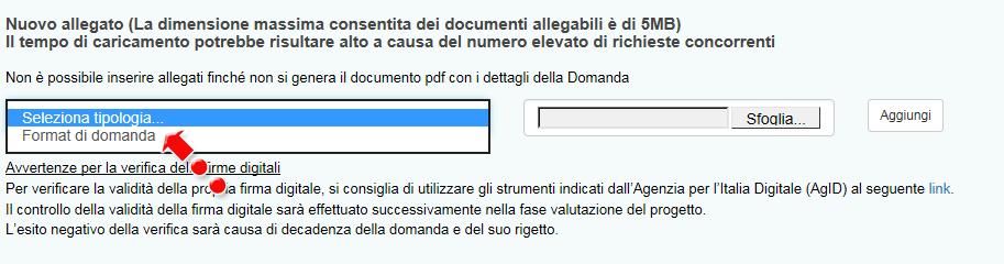 Figura 51 Caricamento domanda Appena caricata, la domanda potrà essere eliminata cliccando sull icona X, (Figura 52), ma appena sarà caricato almeno uno degli