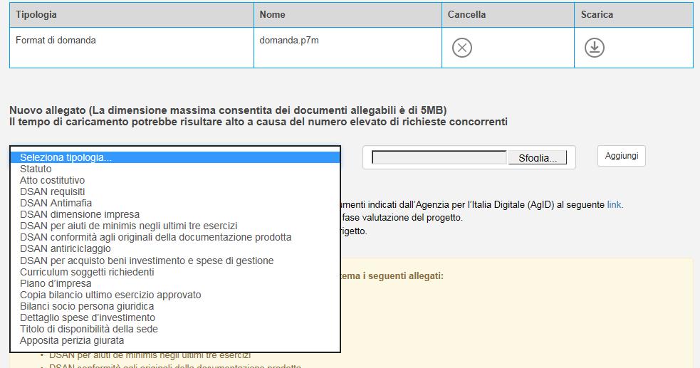 Figura 215 Domanda e allegato caricati Solo dopo aver caricato la domanda, sarà possibile visualizzare e selezionare dal menù a tendina gli allegati da caricare nel sistema (Figura 216).