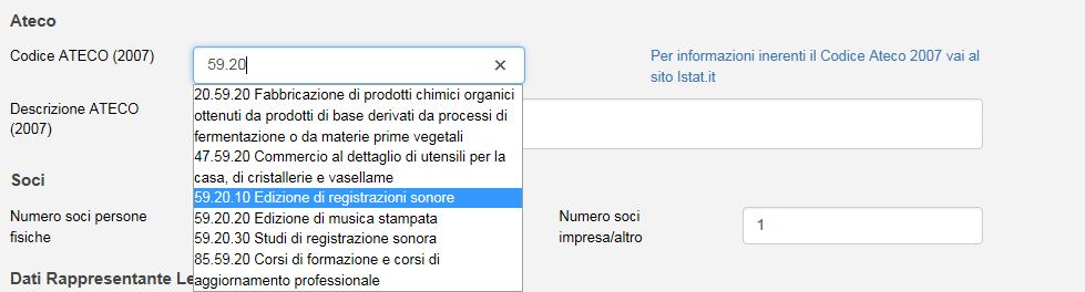 Figura 231 Anagrafica impresa Sia nel campo Codice Ateco che nel campo Descrizione Ateco, il sistema prevede l autocompilazione, inserendo nel primo caso le prime due cifre del codice (Figura 232),